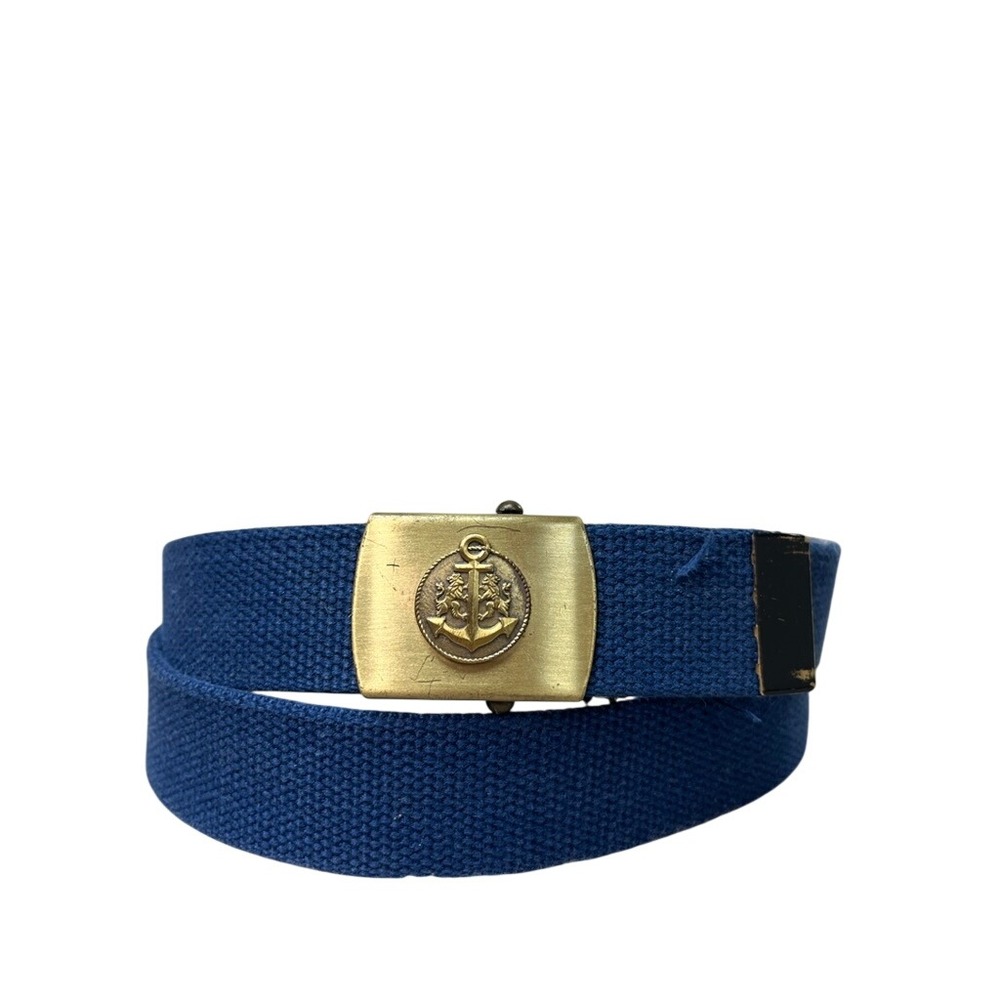 Vintage Merit Solid Brass Anchor Crest Web Belt Blue Canvas USA Made Military